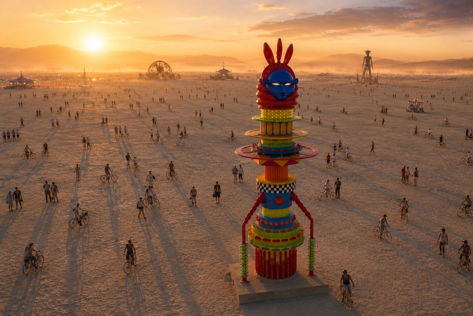 The Mothership Connection by Zak Ové — aerial view at golden hour with crowds on the playa, Project Aikido 2026